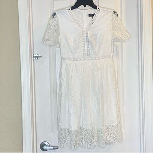 Funlingo White V Neck Floral Cocktail Party White Dress Size Small